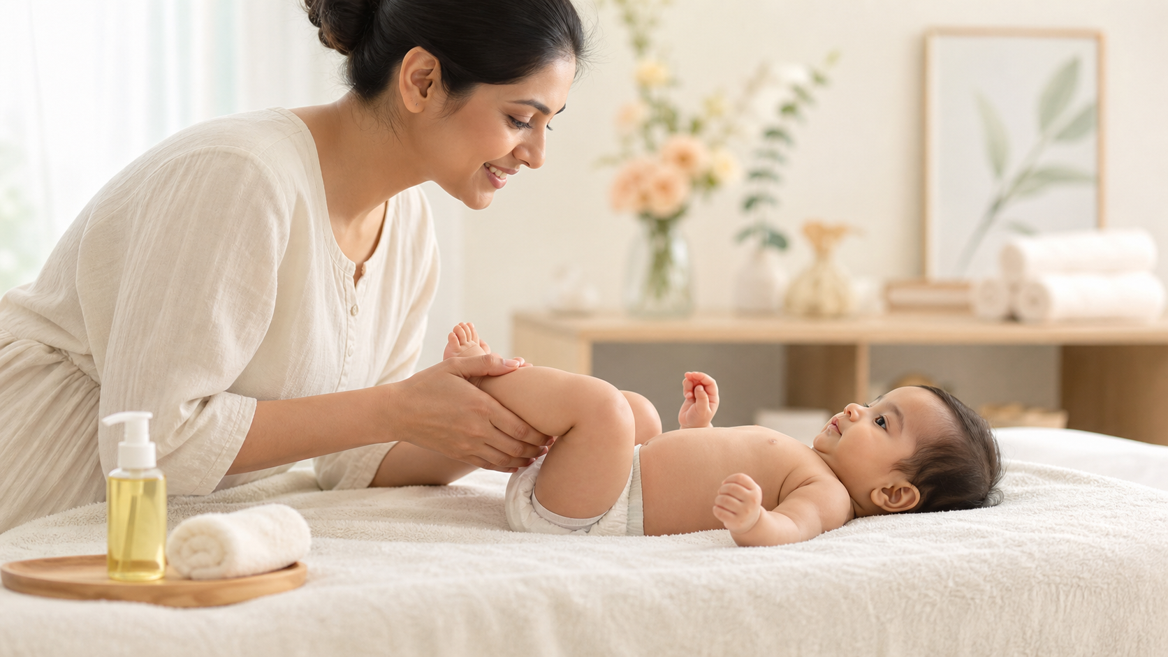 Massage bébé dans une ambiance douce et rassurante